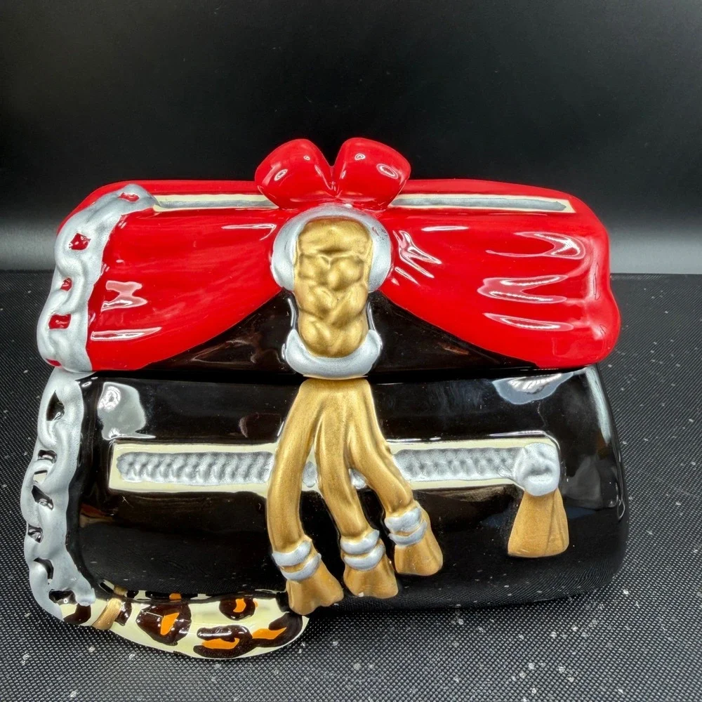 David's Cookies Ceramic Handbag Cookie Jar Container Purse Black Red Bow Tassels
